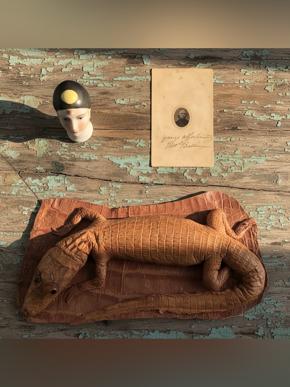 Vintage Oddities Lot, Alligator Taxidermy, Small Antique Photo English Doll Head